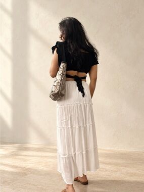 Black Tie-Back Crop Top & White Maxi skirt